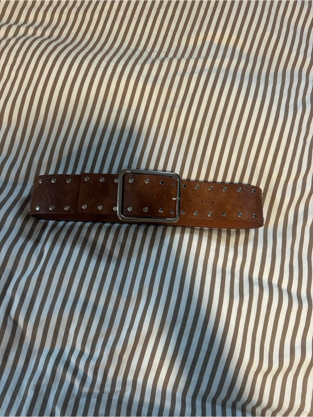 Brown Studded Leather Belt with Silver Buckle